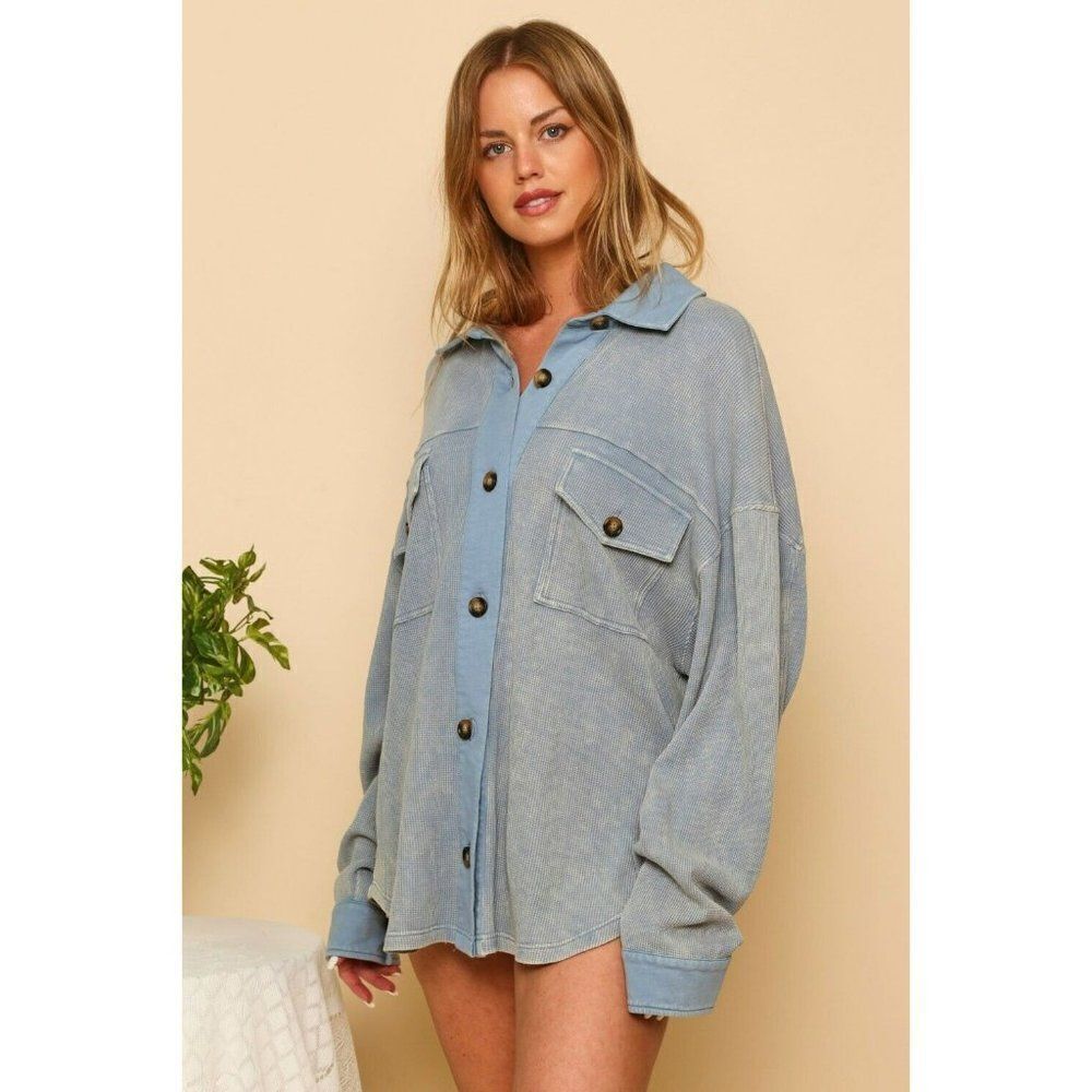 Peach Love CA Blue Fog Button Up Shirt Jacket Shacket Vintage Wash IKJ34335-01 - Picture 2 of 6